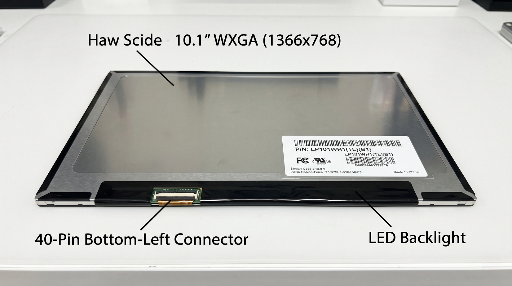 10.1" WXGA LCD Screen - 1366X768 - 40-Pin Bottom-left connector - LED back light - Glossy surface