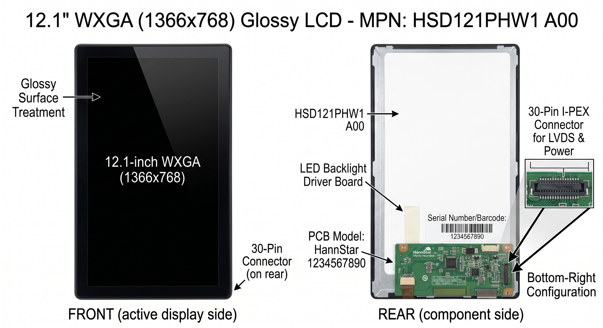 12.1" WXGA LCD screen - 1366X768 - 30-Pin bottom-right connector - LED back light - glossy surface